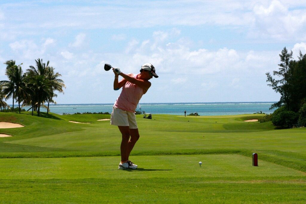 golf, woman, tee